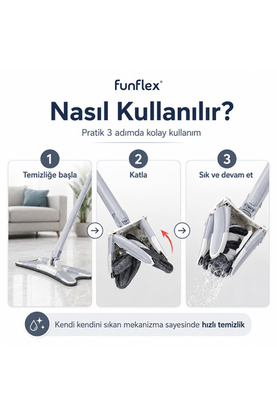 FunFlex X Mop Pratik Sıkma Mekanizmalı Mikrofiber Temizlik Mop