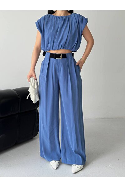buqre's moda Women's Trendy Belted Trousers Padded Crop Blouse Loose Set