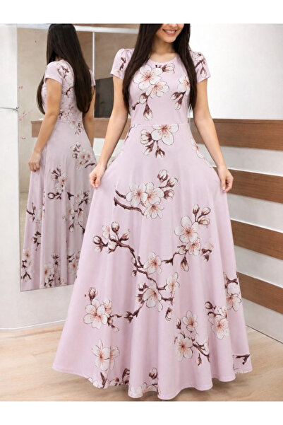 Efnaz style فستان نسائي طويل من الكريب المحبوك بأكمام قصيرة وياقة دائرية
