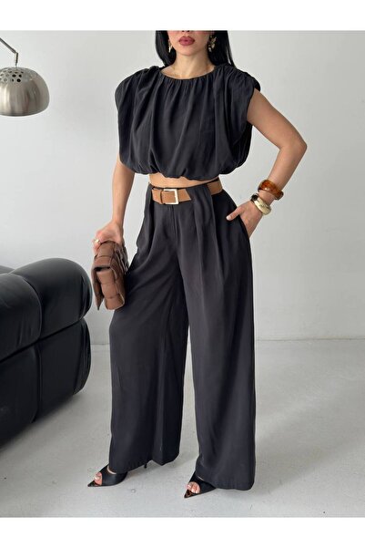 buqre's moda Women's Trendy Belted Trousers Padded Crop Blouse Loose Set
