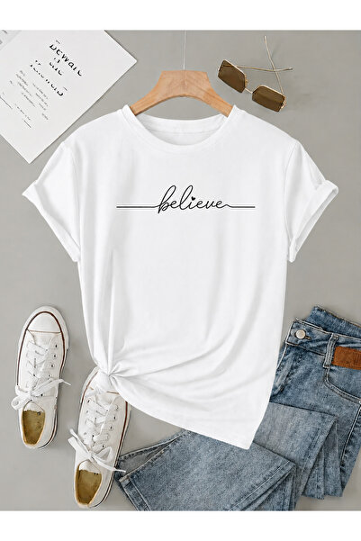 Trend Sizde Tricou unisex alb cu imprimeu Believe, cu gâtul tip crew neck