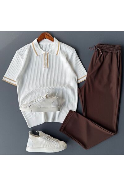 Beylerce Tricou tricotat cu dungi + Pantaloni cu nervuri, set din 2 piese