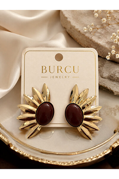 BURCU JEWELRY Golden Bloom Bordo Taşlı Premium Küpe