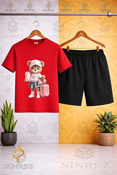 SİNREZ تي شيرت مطبوع عليه BIKING COLLAR AYICIK VALIZLI GIRL - طقم شورت