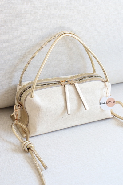 BAGLOVİS Women's Canvas Handbag Linen Fabric Leather Detailed Stylish Daily S...
