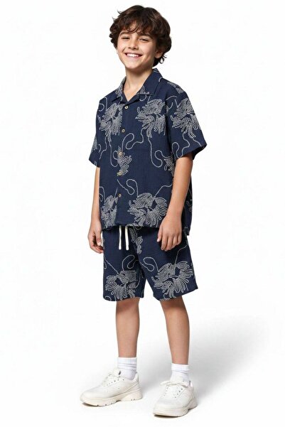 aura7 collection Boy's Tropical Patterned Summer Top and Bottom Set – Navy Blue