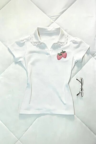 ARS Butik Strawberry Lace Collar Detailed Y2K Short Sleeve Bodysuit