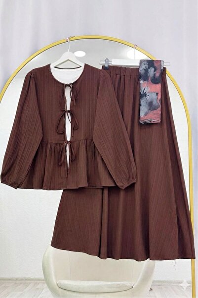 VOLT CLOTHİNG Tie-Front Elastic Sleeve Skirt Suit