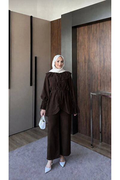 MODA VEDAT Women's Collar Sleeve Detailed Waist Drawstring Pants Set -0750 (S...