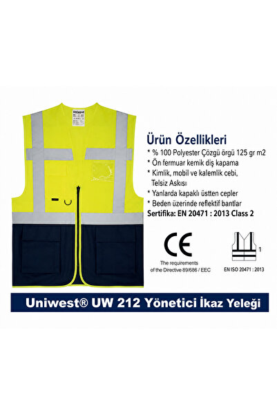uniwest UW-211 Reflektörlü Cepli Mühendis İkaz Yeleği Sarı-Lacivert