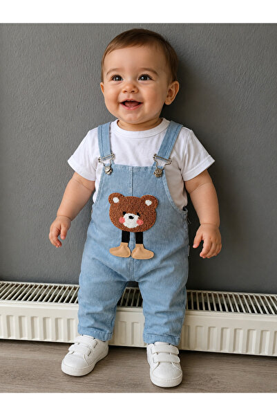 Baby Buu BAÇ- Ayıcık Kabartmalı Kot Salopet Takım / T-shirt-Salopet 2li Takım