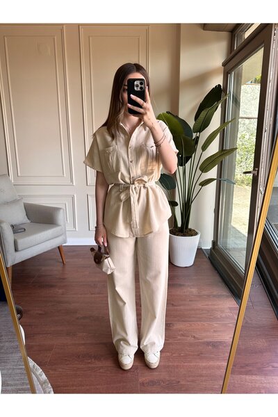 Alyalisbutik Gold Button Detail Linen Suit - Stone