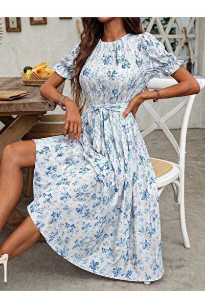 Butik فستان نسائي قصير الأكمام بياقة وحزام عند الخصر وطبعة جلد الفهد بطول متو...