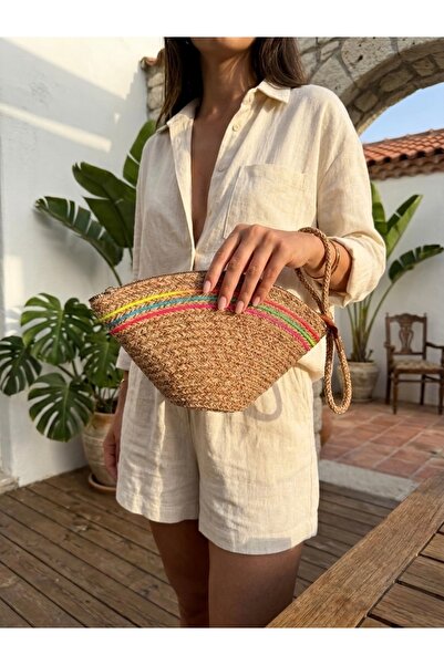 SHINELUC Handmade Renk Şerit Detaylı Hasır Clutch Çanta
