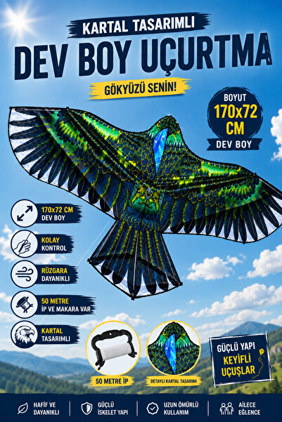 YILDIRIM OYUNCAK Dev Kartal Tasarımlı Uçurtma 170x72 cm Boyutunda 50 Metre ip...