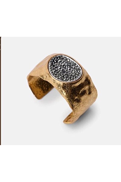 nergis collection Kadın Gold Renk Geniş Kelepçe Bileklik Siyah Taş Detaylı Vi...
