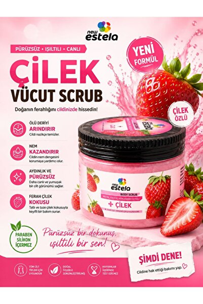 Estela ÇİLEK ÖZLÜ NEM BOMBASI,ANINDA BATIK KARŞITI EL VE VÜCUT PEELING 500 GR