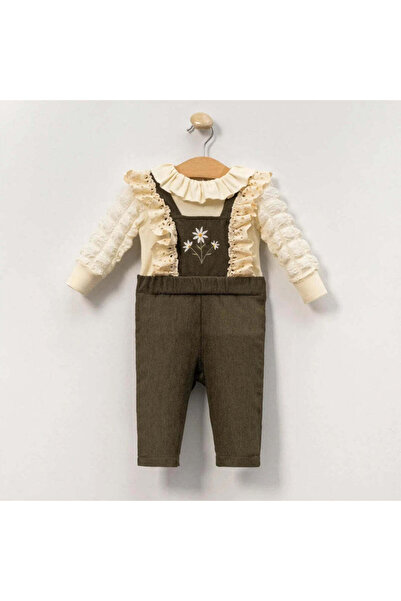 pufien Floral embroidered lace baby dress with overalls, khaki 3-18 months