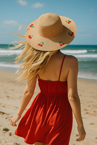Kokoş Cherry Embroidered Camel Wide Straw Accessory