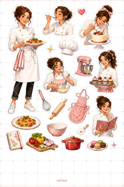 Mimu Art Studio Şef Kız Sticker Seti Aşçı Mutfak Pasta Tatlı Temalı Dekoratif...