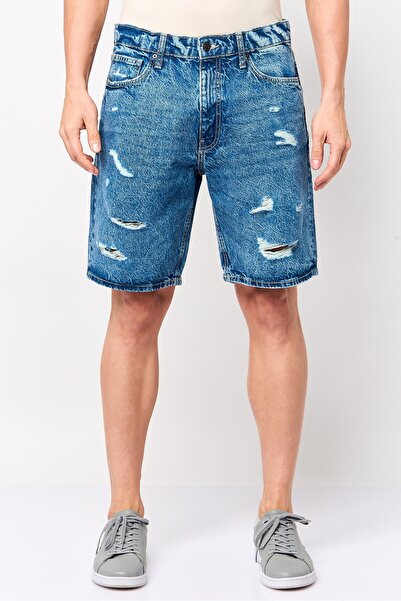 CELIO Men Rip Denim Shorts, Washed Blue