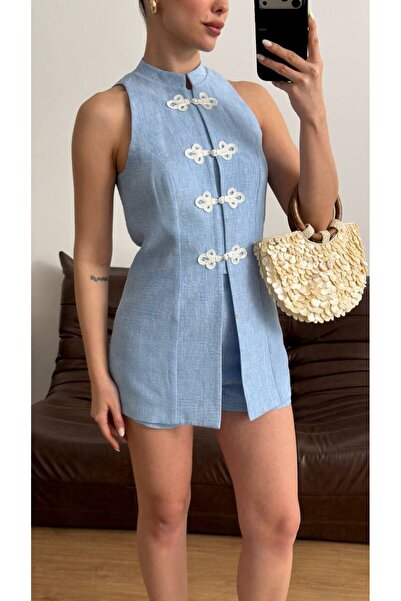 LOKADI Women's Linen Textured Notched Collar Frog Button Vest Shorts Set