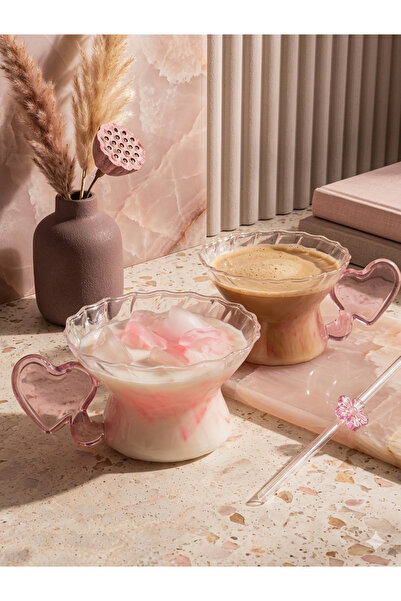 Dia Premium Glass Mug Set with Heart Handles - Set of 2 Milkshake and Frappe ...