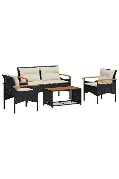 vidaxl Set mobilier de grădină cu perne, 4 piese, negru, poliratan