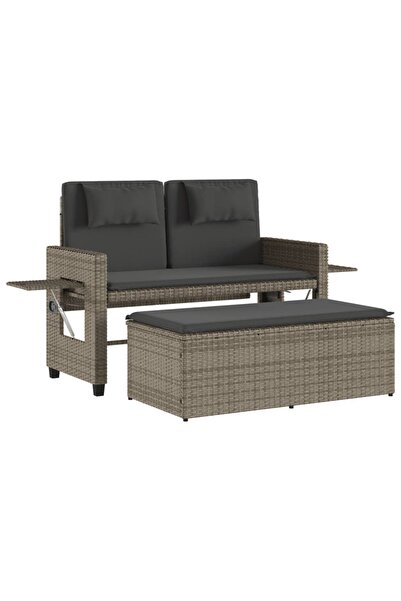 vidaxl Folding garden bench with cushions, grey, polyrattan