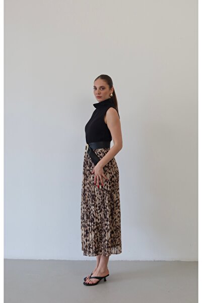 Myra Fashion Leopar Desenli Pileli Kemerli Elbise Dik Yaka Kolsuz Midi Boy El...