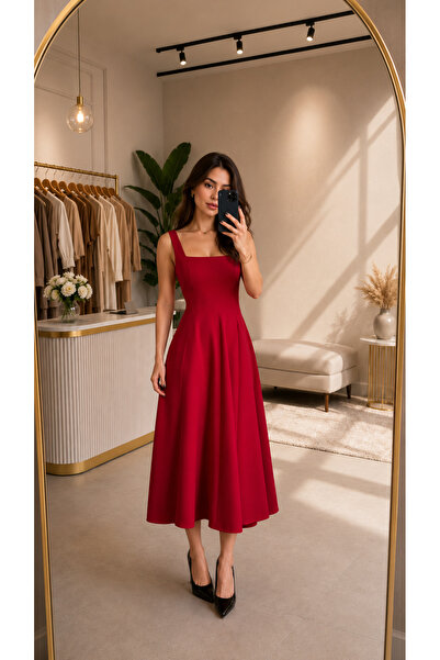 PELİNORA Women's Square Neck Midi Dress Stylish Event Graduation Holiday Dress