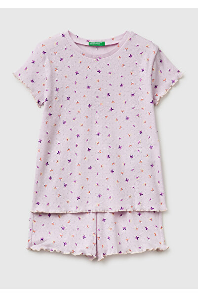 United Colors of Benetton Girl's Pink Mix Patterned Ruffle Detailed Short Sle...