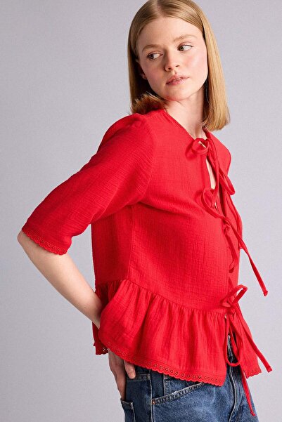 DeFacto Regular Fit Crew Neck Muslin Short Sleeve Blouse F6369Ax26Sm