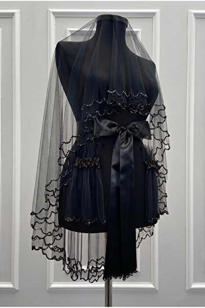 ZEYMERADE Black Bridal Veil Set, Sparkling Double Row Crystal Stone Decorated...