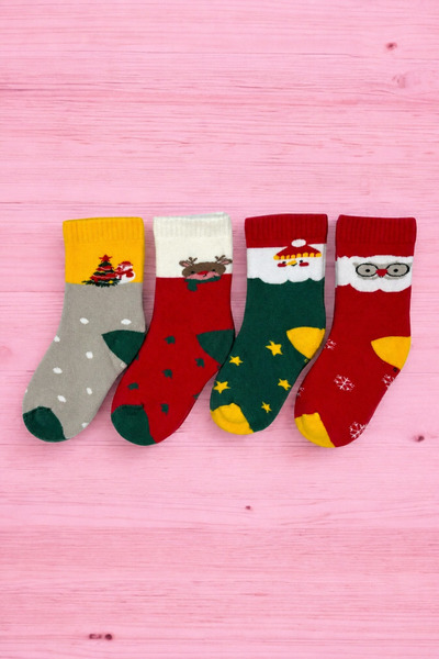 ZENGİN 4 Pairs of Winter Thermal Children's Socks with Christmas Pattern Seam...