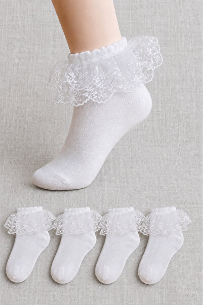 ZENGİN Girls' Lace Detailed White Socks Set 4-Pack |   Stylish & Comfortable ...