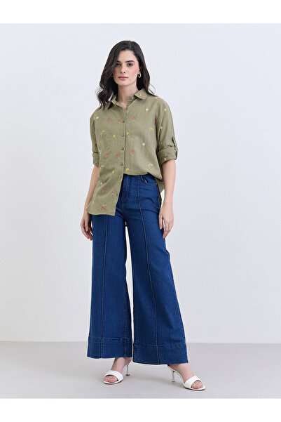Styli Olive Floral Embroidered Linen Shirt for Women