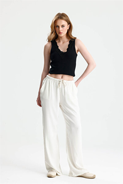 ROSE ARYA White Tensel Washable Pants with Elastic Waist