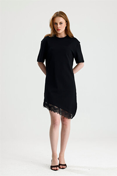 ROSE ARYA Black Half Sleeve Knee Length Skirt Hem Lace Dress