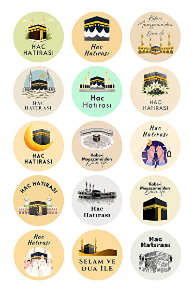 Bimotif 15 farklı Hac ve Kabe Sticker, 4x4cm Hediyelik Paketleme Sticker Seti...