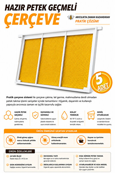 Aksaray Arıcılık Hazır Petek Geçmeli Pratik Plastik Çerçeve 5 Adet