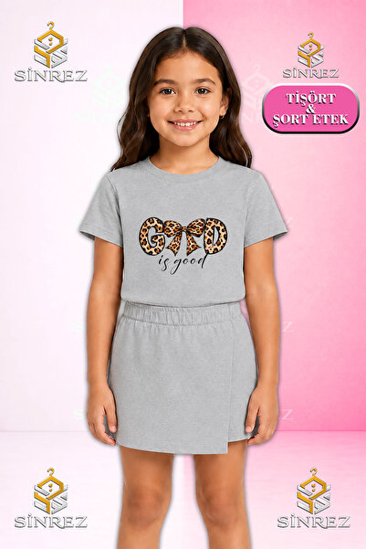 SİNREZ Girl's Set Gd Kurdale Leopard Pattern Printed Short Sleeve T-Shirt Sho...