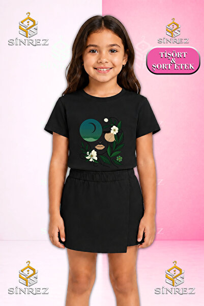 SİNREZ Girl's Set Cicekten Green Girl Face Printed Short Sleeve T-Shirt Short...