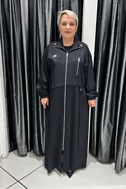 selma Büyük Beden Devrik Yaka Fermuarlı Ferace