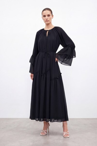 Loreen Bat Sleeve Ruffle Detail Dress - Black Black