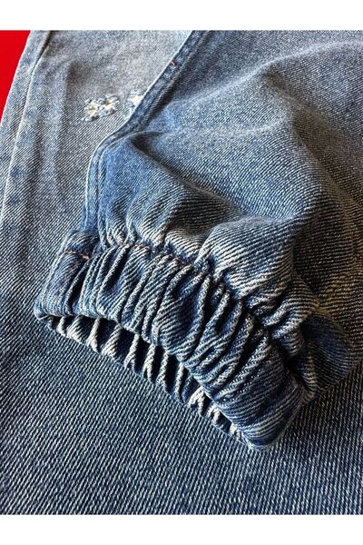 Oliggopol Erkek Mavi Paçası Lastikli Jogger Kot Pantolon Rahat Kesim Jean