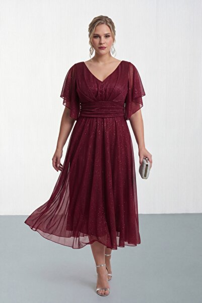 Lafaba Women's Burgundy V-Neck Glittery Plus Size Flared Evening Dress