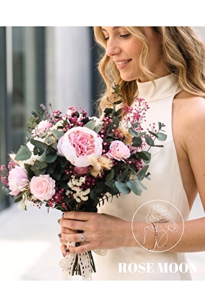 Tasarım ROSEMOON - Romantik Gelin Çiçeği, Pembe-Beyaz Düğün Buketi - Yaka Çiç...