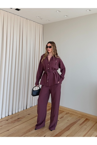 Laluvia Burgundy Gold Buttoned Tencel Shirt and Trousers Set - 7313