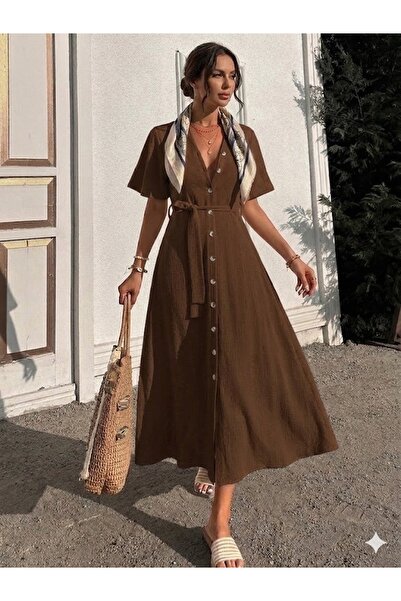 onlymoon Brown Women's Corduroy Midi Length Buttoned Dress |   Belted Summer ...